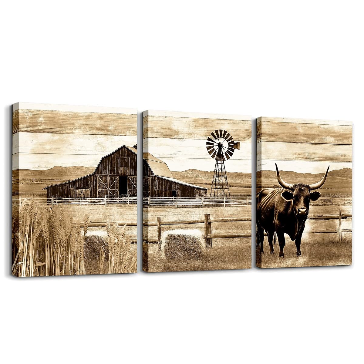 jejeloiu Western Canvas Wall Art for Living Room Bedroom 12"x16"x3pcs Rustic Farmhouse Cow Windmill Picture Wall Decor for Bathroom Retro Grass Office Decorations Artwork Posters Farm Nursery Painting