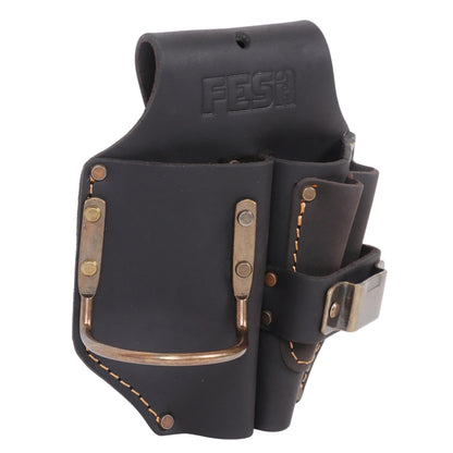 FESA Durable Leather Pliers Holster - Heavy Top Grain Leather Double Plier Holder for Belt with Steel Hammer Holder, Tape Clip & 2 Carpenter's Pencil Pockets - Clip On Any Belt - Handcrafted (Brown)