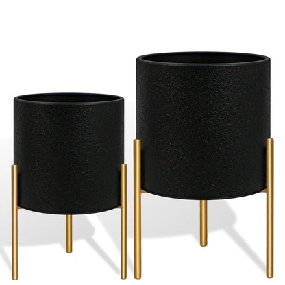 ARNIS Modern Planter Pots, Large Planters with Stand, Set of 2 Metal Planters for Plants with Drainage Holes for Living Room, Office, Garden or Balcony, 10.5 &12.25 Inch, Black