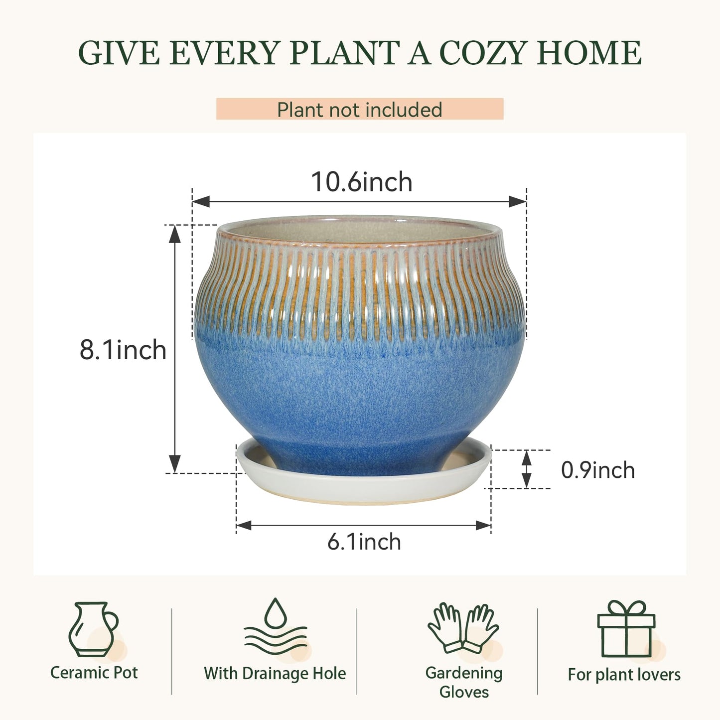 SAFIOROIS 10.6 Inch Modern Ceramic Plant Pot with Drainage Hole and Mesh Net, Indoor Outdoor Planter with Saucer & Gardening Glove, Pots for Succulents, Flowers, Large Plants, Blue