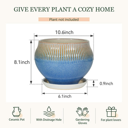 SAFIOROIS 10.6 Inch Modern Ceramic Plant Pot with Drainage Hole and Mesh Net, Indoor Outdoor Planter with Saucer & Gardening Glove, Pots for Succulents, Flowers, Large Plants, Blue