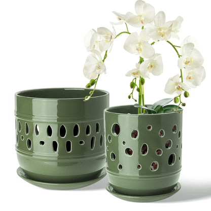 COLOAPT Orchid Pots, 5+6 Inch Orchid Pots with Holes, Ceramic Plant Pot with Drainage and Saucer, Enhance Good Ventilation, Indoor/Outdoor Flower Pot Set of 2 - Green