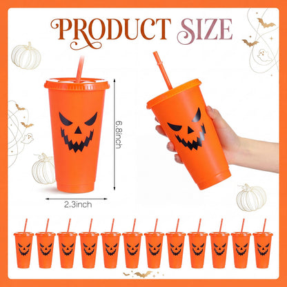 Honeydak 12 Pcs Summer Halloween Pumpkin Plastic Cups 24 oz Reusable Jack O Lantern Pumpkin Tumblers with Lids and Straws for Hot/cold Drinks for Iced Coffee Home Office Decoration Party Favors