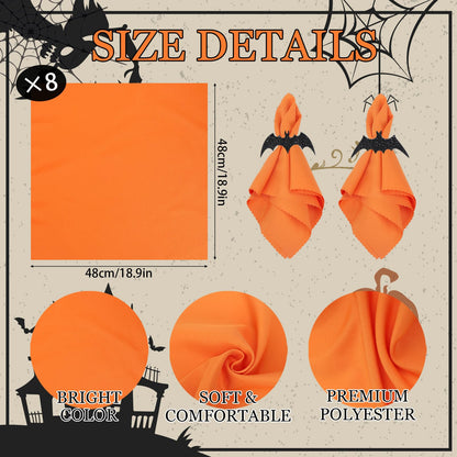 Whaline 16Pcs Halloween Bat Napkin Ring with Washable Orange Cloth Dinner Napkins 4 Designs Black Bat Metal Napkin Ring Holders for Home Dinner Table Setting