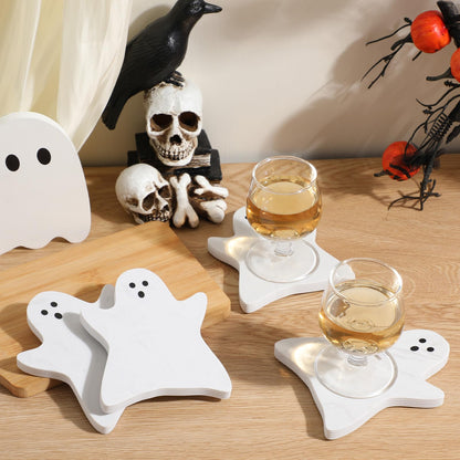 Acellegic 4pcs Marble Coasters Halloween Ghost Coasters 4.7 x 3.9 Inches for Drinks Beverage Boo Mug Cup Car Desk Party Decoration(Halloween Ghost,White)