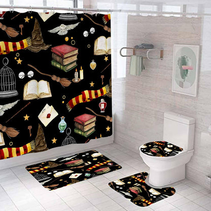 OLEBETY 4PCS Witchy Magical Halloween Shower Curtain Sets With Rugs, Waterproof Fabric Black Shower Curtain, Funny Magic Book Wizard Hat Owl Broom Mysterious Spooky Teen Boys Girls Kids Bathroom Decor