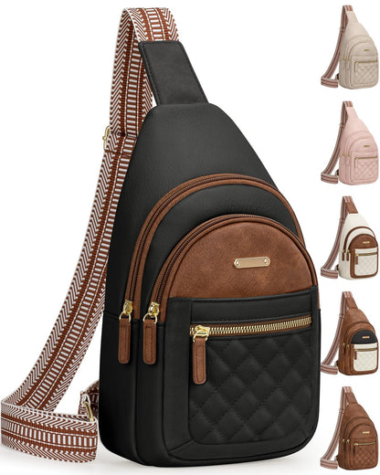 Capolo Crossbody Bag for Women, Adjustable Leather Chest Sling Bag with Multi-Compartment for Daily Use, Travel, Gift, Black With Brown