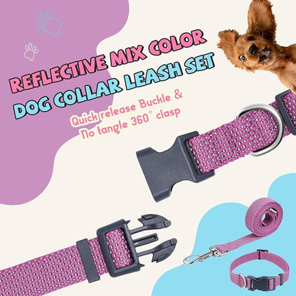 Reflective Dog Collar and Leash Set, Nylon Dog Leash with Heavy-Duty Steel D-Ring, Adjustable with Quick Release Buckle for Large Dogs, Purple L