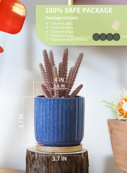 BABALIU 4 Inch Ceramic Plant Pots with Saucer & Drainage Hole, Cylinder Reactive Glaze Blue Vertical Stripes Planters with Trays for Herbs, Cactus, Flower, Small Snake Plants, Succulents, Set of 4