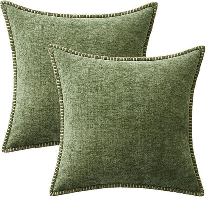 MIULEE Pack of 2 Couch Throw Pillow Covers 16x16 Inch Sage Green Farmhouse Decorative Pillow Covers with Stitched Edge Soft Chenille Solid Dyed Summer Pillow Covers for Sofa Bed Living Room