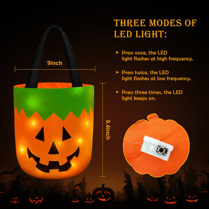 Jemgmonn 2 Pieces Halloween Candy Bucket with LED Light Trick or Treat Buckets Halloween Reusable Pumpkin Green Monster Candy Gift Baskets Party Supplies Favors (Orange & Green)