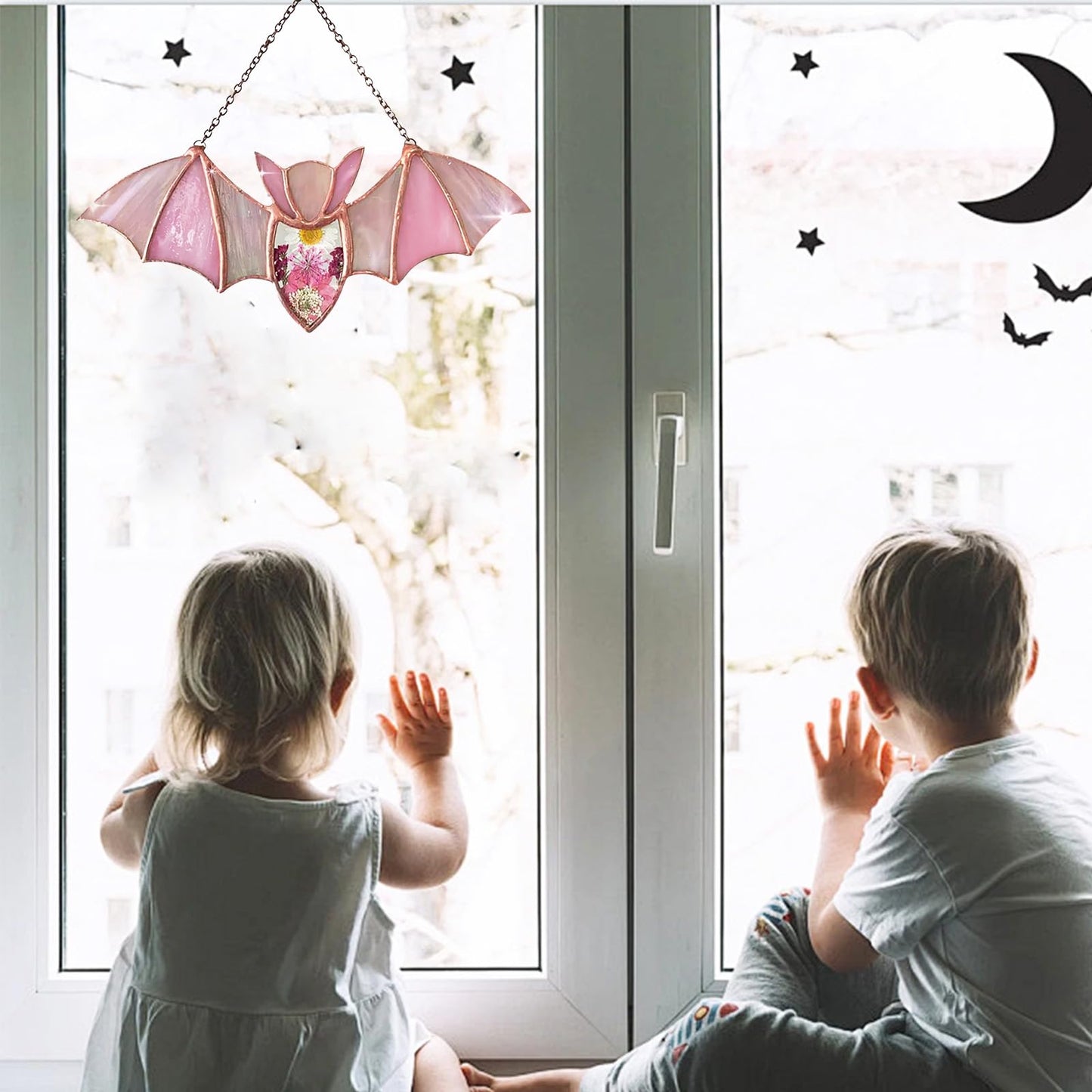 BDHRKTE Bat Decoration Window Hanging Suncatcher,Stained Glass Window Hanging, Handmade Translucent Decorative Art, Halloween Home Decor