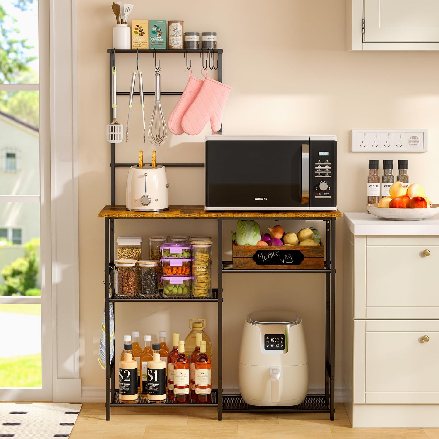 Baker's Rack for Kitchen with Storage, Microwave Stand with Adjustable Shelves and 10 S Hooks, 6-Tier Coffee Bar Station, Kitchen Shelves for Spices, Pots, Rustic Brown
