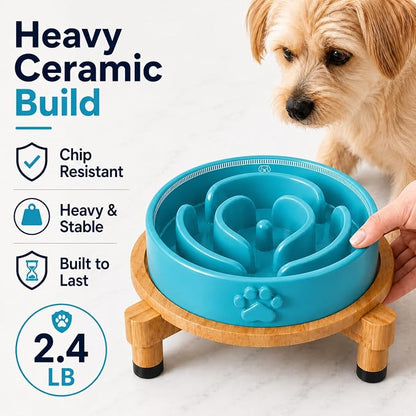 Slow Feeder Dog Bowls – Elevated Dog Bowl Slow Feeder with Bamboo Stand– Microwaveable Dog Slow Feeder for Small and Medium Dogs – Lead and BPA-Free Ceramic Pet Bowl – Pet Feeder for Fast Eaters