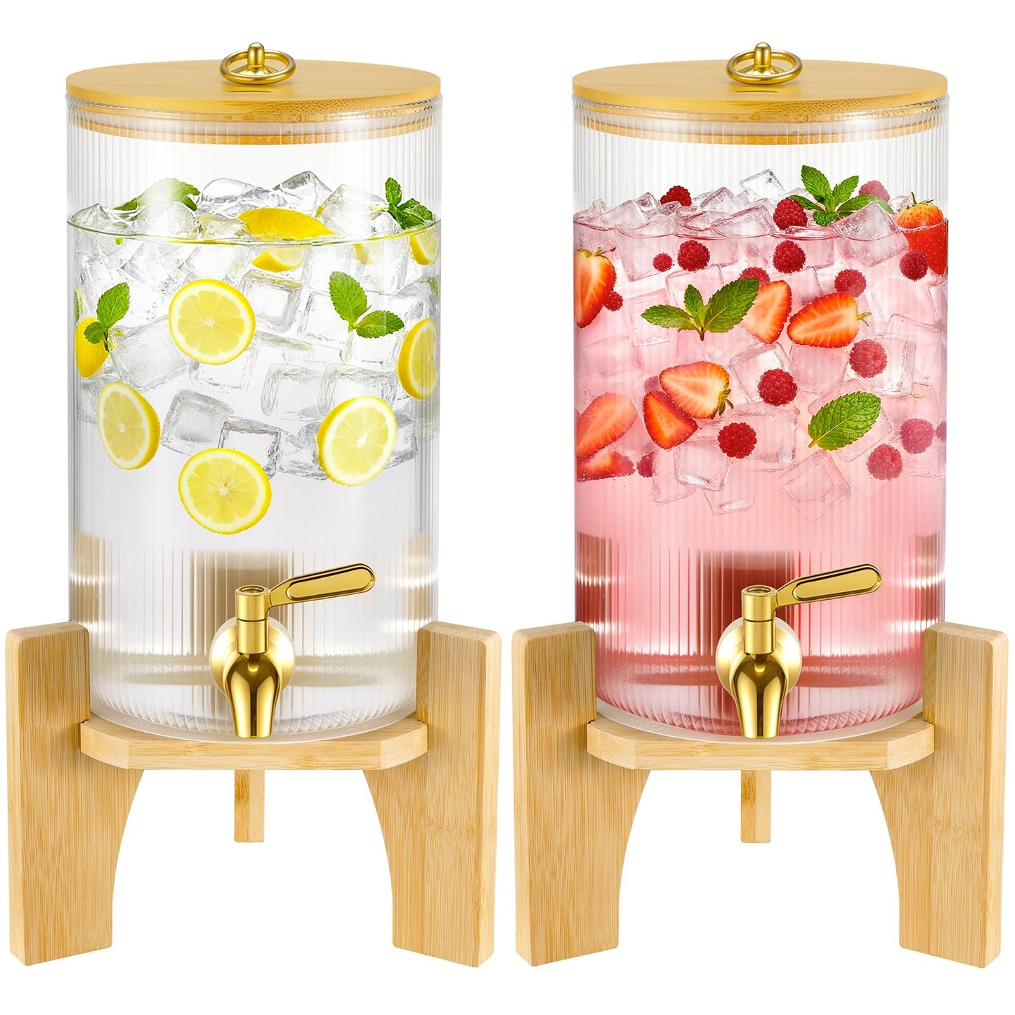 NiHome 2-Pack 1.3 Gallon Drink Dispenser for Parties, 4.9 L Glass Iced Beverage Dispenser, Large Glass Party Drink Dispensers for Lemonade, Tea, Juice & Bamboo Lid, Wood Stand & Stainless Steel Spigot