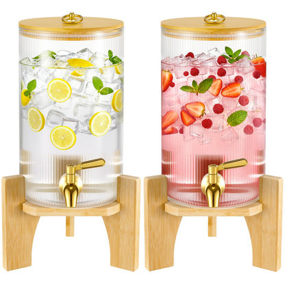 NiHome 2-Pack 1.3 Gallon Drink Dispenser for Parties, 4.9 L Glass Iced Beverage Dispenser, Large Glass Party Drink Dispensers for Lemonade, Tea, Juice & Bamboo Lid, Wood Stand & Stainless Steel Spigot