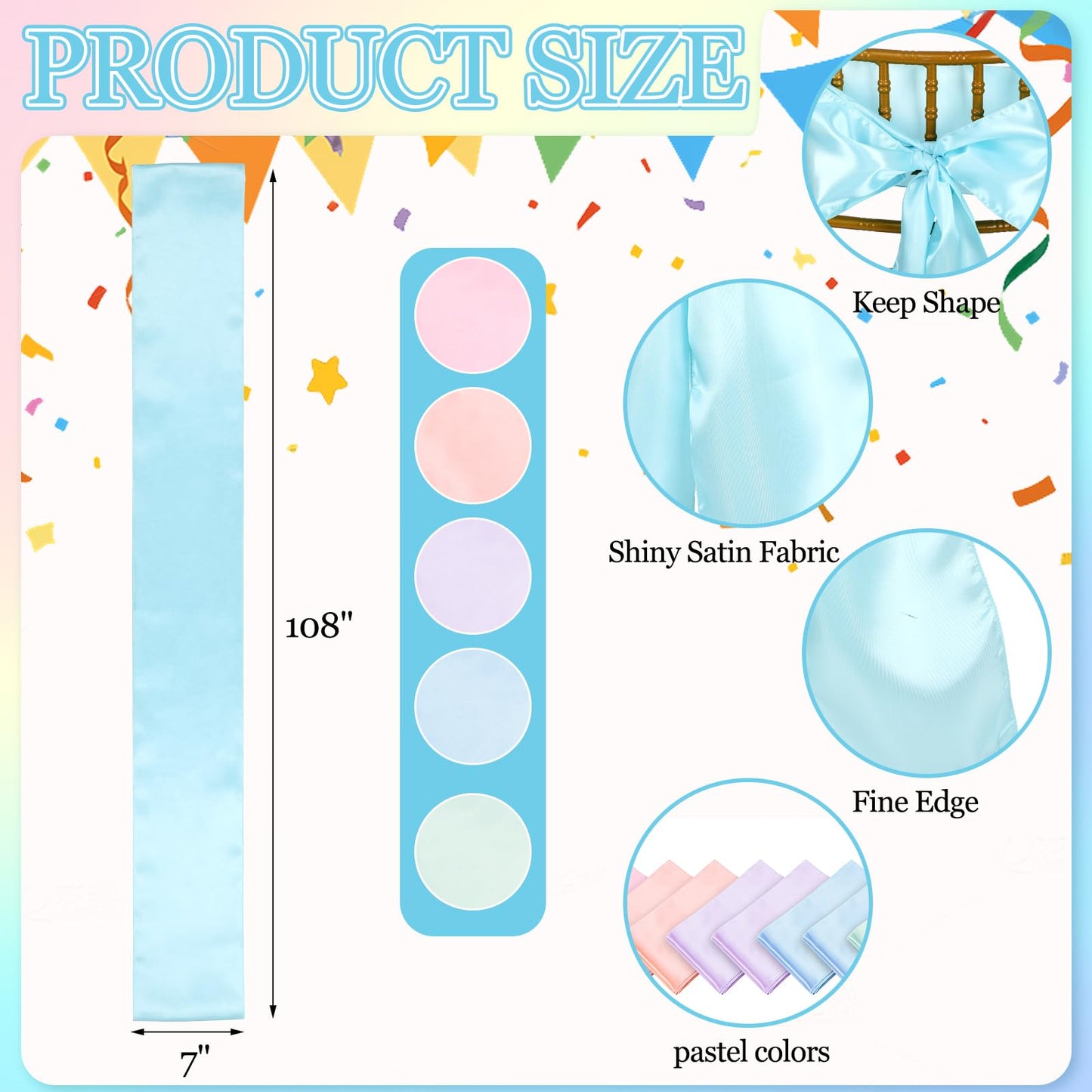 Tegeme Pastel Chair Sashes Bows Satins Soft Chair Ribbon Sashes Wedding Aisle Church Bows Decor for Wedding Banquet Party Easter Garden Events Decoration (10 Pcs,7" X 108")