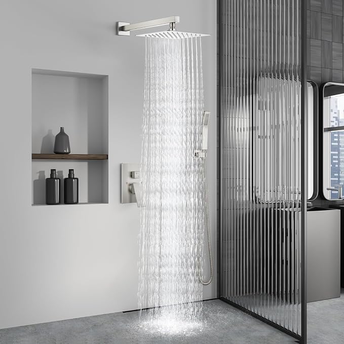 Aolemi Shower Faucet Set Rain Shower System with Handheld Spray Bathroom Shower Combo Rough-in Valve and Shower Trim Kit Included Brushed Nickel 12 Inch Wall Mount Shower Head