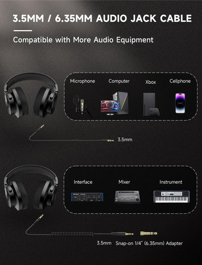 AOC Bluetooth Over Ear Headphones, Wireless Studio Monitor & Mixing DJ Headphones with 72H Playtime, Hi-Res, Built-in Mic, 3.5mm/6.35mm Wired Audio Jack for Guitar AMP, Podcast, PC Gaming - Black