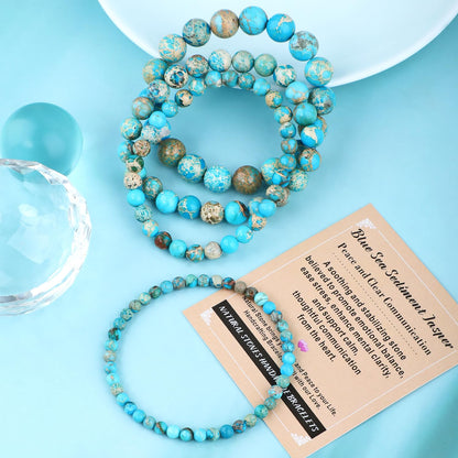 AD Beads 8mm Handmade Blue Sea Sediment Imperial Jasper Elastic Bracelet – Natural Gemstone for Joy & Positivity – Meditation, Yoga, Healing and Energy Gift for Men Women