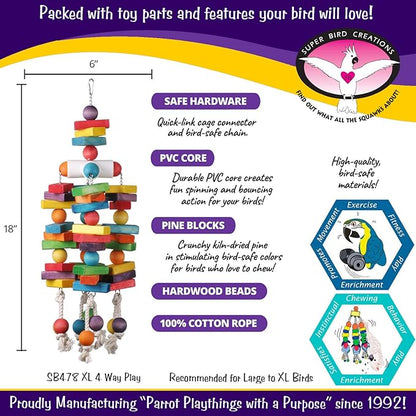 Super Bird Creations - SB478 XL 4 Way Play Bird Toy - Colorful Wooden Blocks, Ringing Bell, and Bird Swing - Perfect Chew Toys for Macaws Parrots & Amazons - Ideal for Large to Extra Large Birds