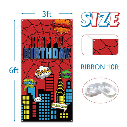 Red Spider Web Door Banner, 6x3ft Superhero Party Decoration Door Cover for Boys Birthday, Kids Party Supplies, Photography Photo Background