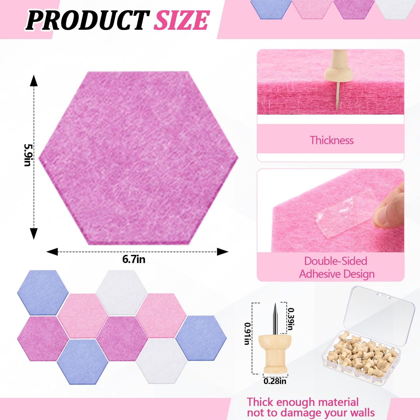 Mindsoft 16 Pcs Hexagon Cork Board for Walls with 50 Wooden Push Pins 6.7 x 5.9 in Felt DIY Tiles Notice with Nano Tape Hanging Bulletin Board for Home Photo Office Memo Note (Pink)