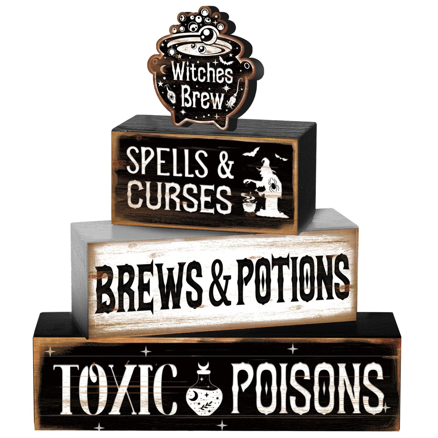 4 Pcs Halloween Table Decor Witches Brew Wooden Sign Halloween Tiered Tray Decor Farmhouse Witches Tabletop Centerpiece Spells Curses Potions Wooden Block Signs for Home Office Kitchen Shelf