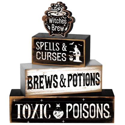 4 Pcs Halloween Table Decor Witches Brew Wooden Sign Halloween Tiered Tray Decor Farmhouse Witches Tabletop Centerpiece Spells Curses Potions Wooden Block Signs for Home Office Kitchen Shelf
