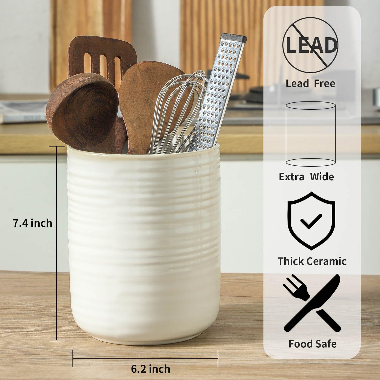 HASENSE Large Utensil Holder, 7.4" x 6.2" Ceramic Utensil Holder for Kitchen Counter, Utensil Oganizer for Utensil Set, Farmhouse Cooking Utensil Crock for Kitchen Decor, Clay-Infused White