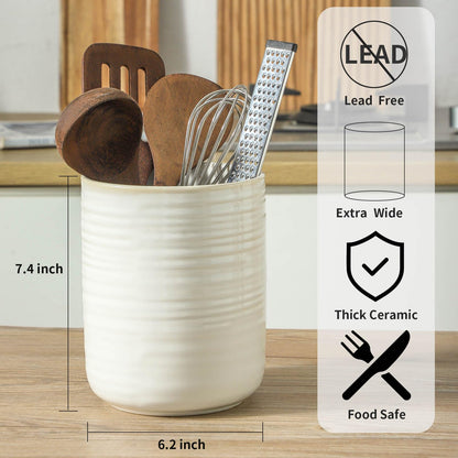 HASENSE Large Utensil Holder, 7.4" x 6.2" Ceramic Utensil Holder for Kitchen Counter, Utensil Oganizer for Utensil Set, Farmhouse Cooking Utensil Crock for Kitchen Decor, Clay-Infused White