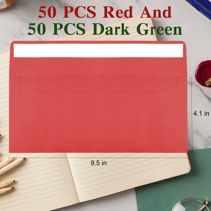 CINSOEN 100 Pack Christmas Red and Dark Green #10 Business Envelopes, Standard Envelopes Self Seal, 4 1/8 x 9 1/2 Inch Letter Size Business Mailing Envelopes for Baby Shower Wedding Birthday