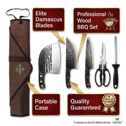 KOFERY Hand Forged Butcher Knife Set with Full Tang Damascus Steel for Pit Master BBQ, Smoking Meat and Meat Carving, Including Roll Bag, Shears and Sharpener for Outdoor Camping Gifts for Men