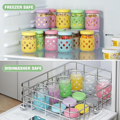 Lazyshine 6 Pack Glass Overnight Oats Containers with Lids, 16 oz Mason Jars with Silicone Sleeves, Airtight Leak-Proof Meal Prep Jars for Chia Pudding, Oatmeal, Yogurt, Snacks, Smoothies, Salads