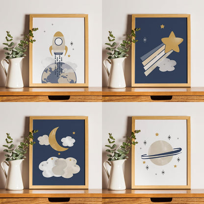 JXREQ Space Nursery Decor for Kids Boys Toddler Room Playroom Nursery Classroom Space Posters Wall Art Prints Set of 4, Cute Wall Decor for Kid Baby Boy Bedroom, 8x10 Inch Unframed