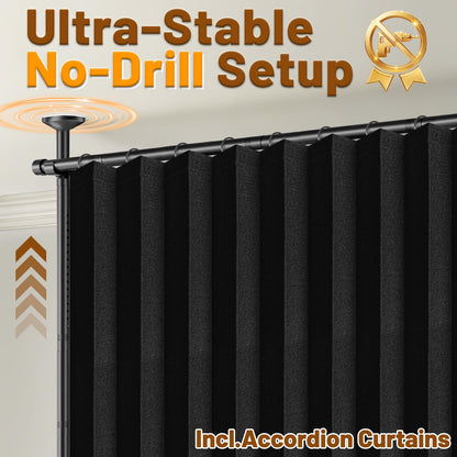AJAZZ Room Divider Curtain (Black, W100 x L84 in, 1 Panel)+ Tension Curtain Rod No Drilling (H) 43-120×(W) 35-100 in, for Privacy/Soundproof Curtains, Heavy Duty Wall Separator
