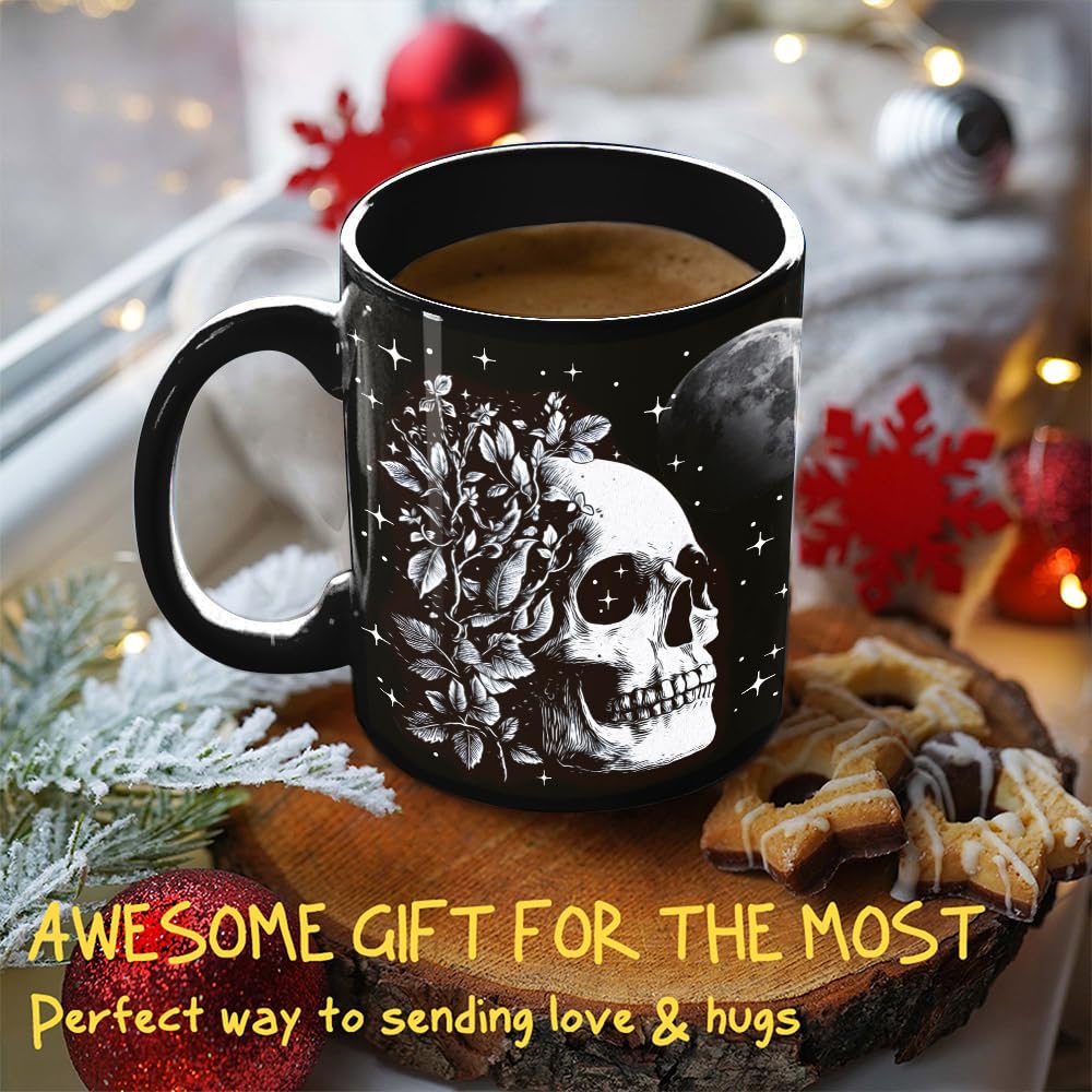 Koouyiedy 2PCS Halloween Mug Gift for Dad, Mom, Couple, Boyfriend, Girlfriend, Goth Gift for Women Men - Skull Mug 11OZ - Witch Gifts for Husband Wife - Gothic Cup with Card