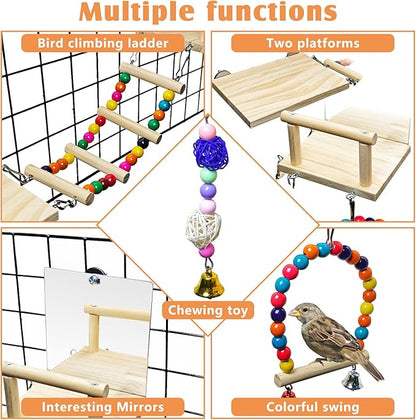 BNOSDM Bird Perch Platform with Mirror, Wooden Climbing Ladder for Parakeet, Small Bird Swing Toys with Hanging Chewing Balls Parrot Cage Accessories Budgie Playground for Cockatiel, Lovebird, Conure