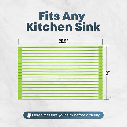 Zulay Kitchen Large Roll Up Dish Drying Rack - Heavy Duty Silicone Wrapped Steel Rods Over Sink Dish Drying Rack - Versatile Roll Up Sink Drying Rack & Trivet - Green,20.5 inches x 13 inches