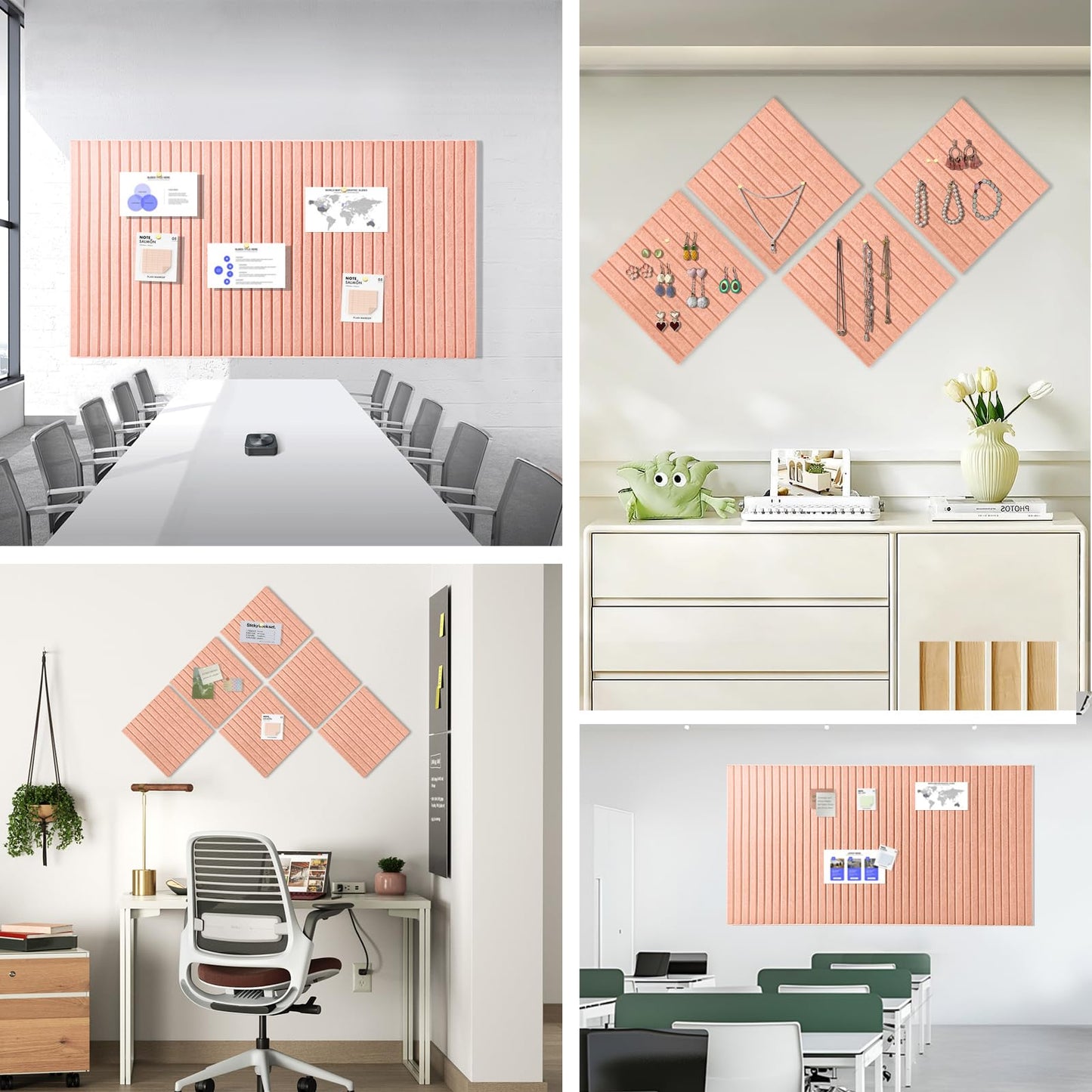 Large Cork Board for Office, 8 Pack Felt Wall Tiles with Slat Wall Paneling and Safe Removable Adhesive Tabs, Felt Bulletin Board Pin Board Cork Boards for Walls - Pink