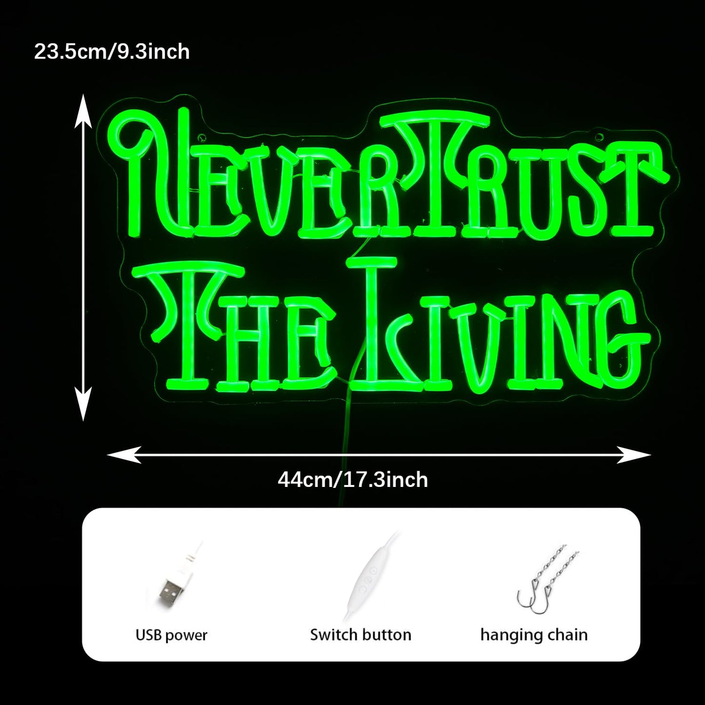 Never Trust The Living Neon Sign Cool Green Led Neon Light For Wall Decor Dimmable USB Powered Letters Light Up Sign For Halloween Party Chamber of Secrets Script killing Terror House Man Cave Room Neon Decor(17.3''*9.3''）