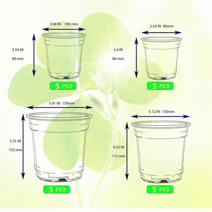 Yondaha Clear Nursery Pots with Drainage – 3.5/4/5/6 Inch, 20 Pack (5 Each Size), Plastic Pots for Plants, Clear Pots for Propagation, Transplanting & Indoor Gardening