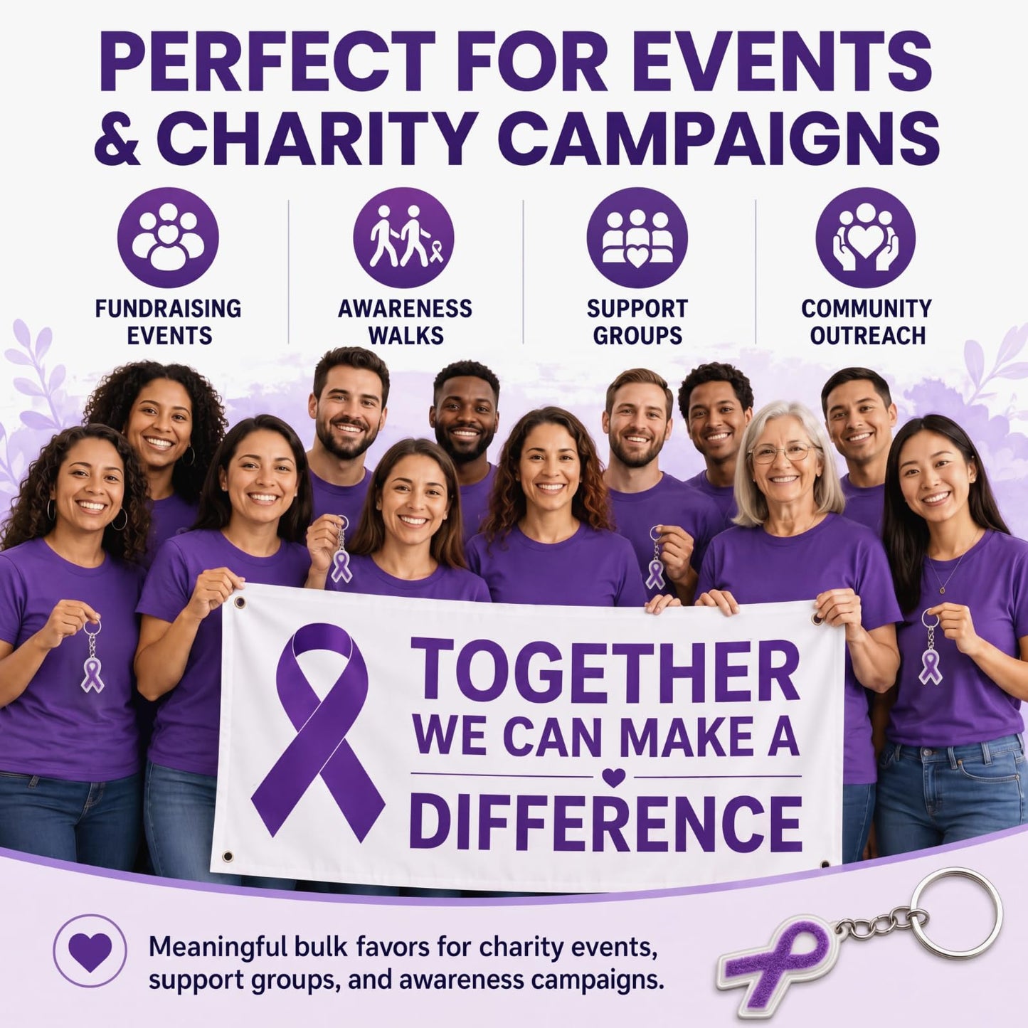 Kenning 12 Pcs Purple Ribbon Awareness 3D Sensory Clicker Fidget Keychains Bulk Support Gifts for Women Campaigns Lupus Fibromyalgia Domestic Violence Awareness Charity Fundraising Party Favors