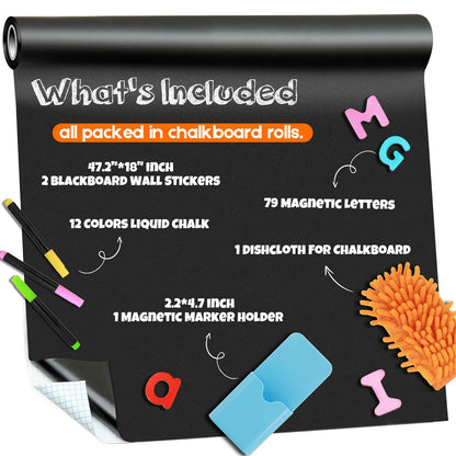 Ykall Magnetic Chalkboard Contact Paper for Wall, 47.2" x 18" 2 Pcs Self-Adhesive Blackboard Wallpaper Peel and Stick Wall with 93 Pcs Kit for Kids, Magnet Wall Sheet with Kit for Home Playroom