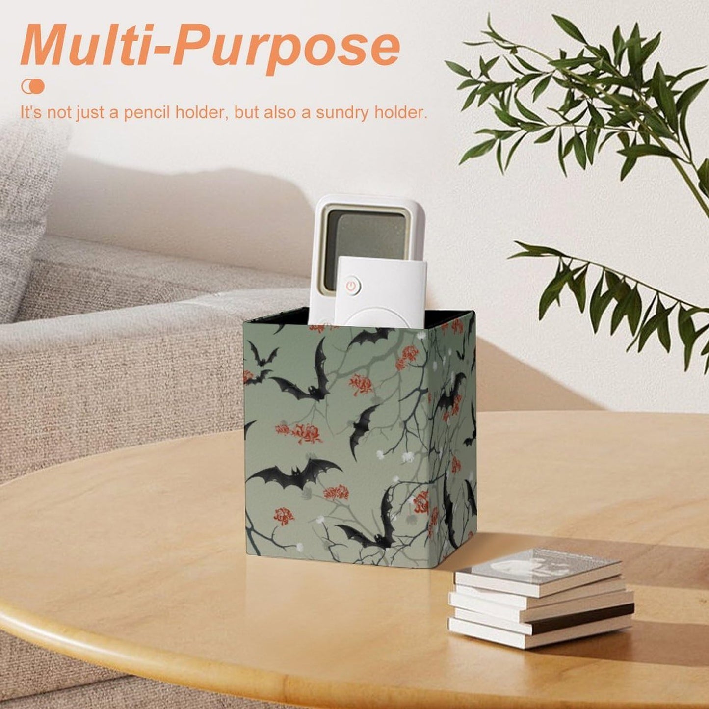 DerlonKaje Bats Square Leather Pen Holder, Minimalist Desk Organizer for Office Home School, Pencil & Stationery Storage Box, Gift for Students Teachers Colleagues