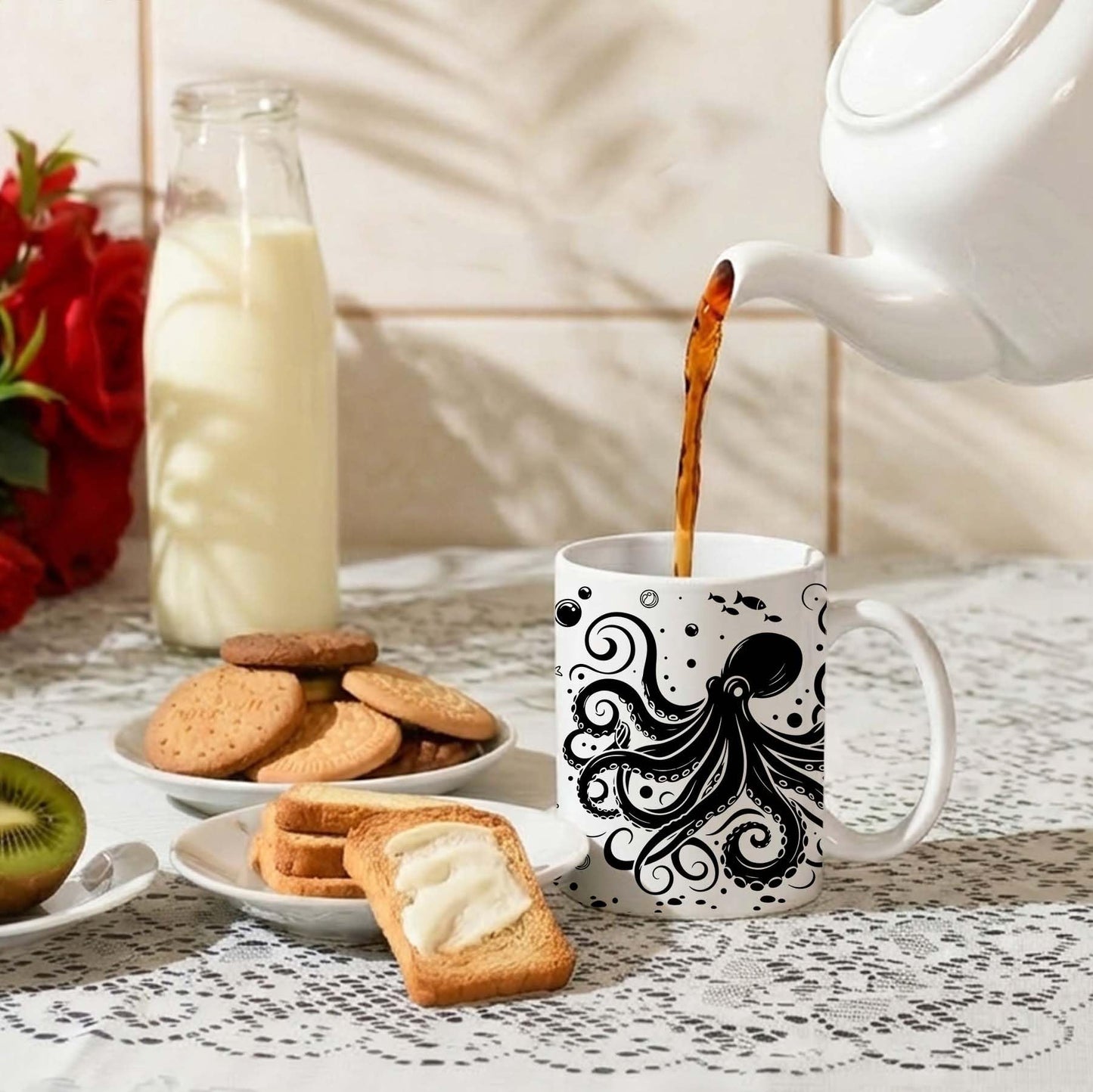 15 oz White & Black Boho Ceramic Coffee Mug with Octopus Art - Comes with a Gift Card - Unique Novelty and Cool Mugs for Men and Women, Ocean Themed Decor and Fun Gifts