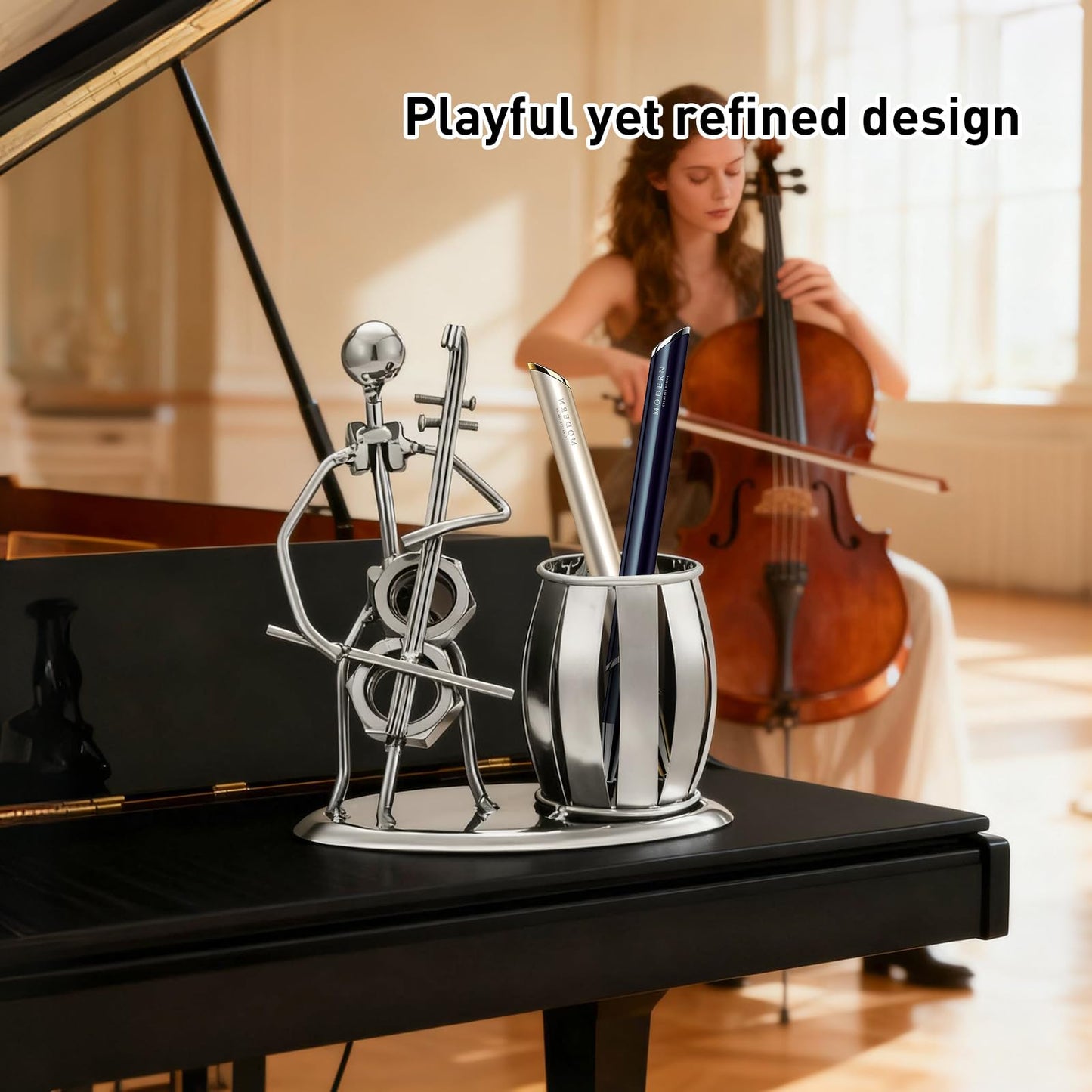 HSOOVZN Metal Pen Holder Cello Desktop Accessories Music Decor Pen Organizer Cool Pencil Cup For Music Gifts Kids Students Office Stationary