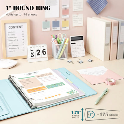 Ospelelf Leather 3 Ring Binder for Letter Size Documents with Pocketed Storage Dividers, Pencil Pouch & Notepad, 1 Inch Round Rings, Holds 175 Sheets, for Office School Home Organization, Light Blue