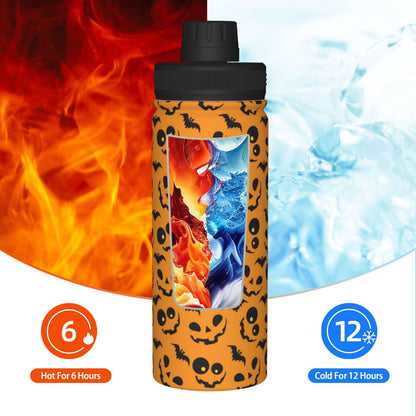 SOUWEWU 18oz Halloween Pattern Sports Water Kettle with Handle, Double Wall Vacuum Insulated Hot and Cold Scary Bat Tumbler, Halloween Print Water Bottle for Gym Outdoor