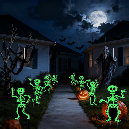 BOUTICOL 8 Pcs Halloween Glow in The Dark Skeleton Yard Signs Outdoor Decoration, Fluorescent Skeleton Ghost Yard Signs with Stakes for Lawn Garden Front Yard Cemetery Decor